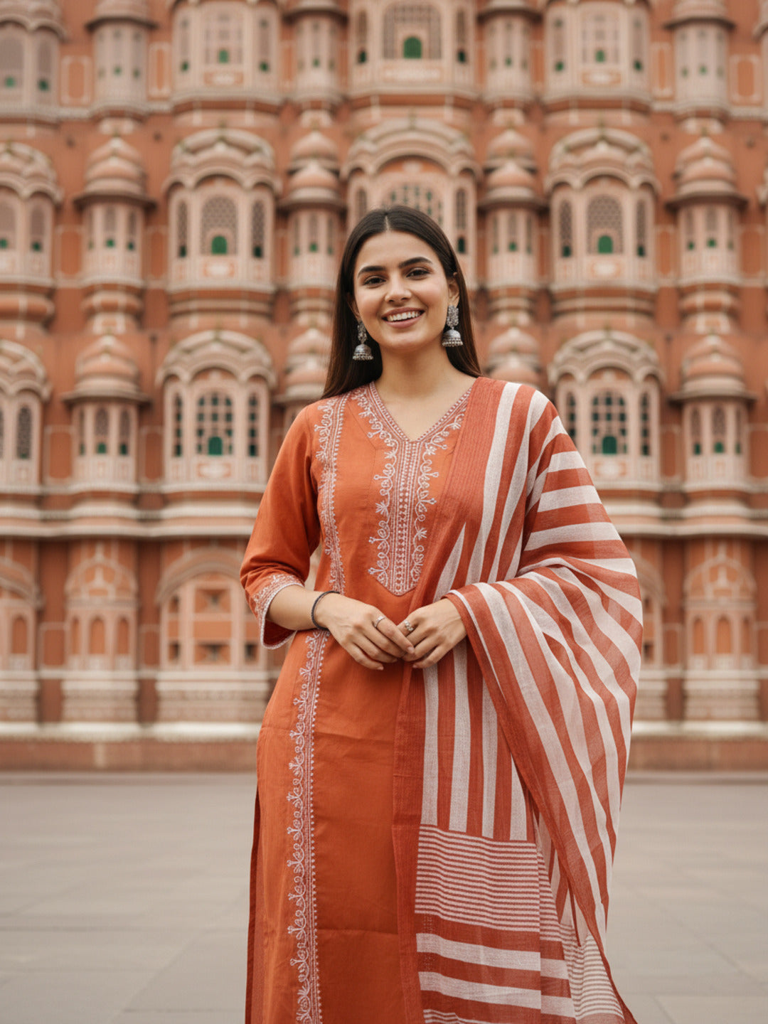 Solid Embroidered Straight Kurta with Palazzo & Dupatta - Rust
