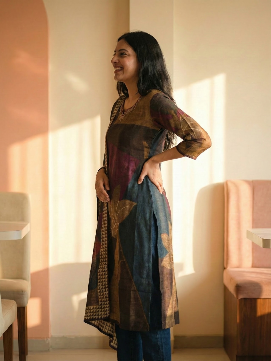 Abstract Printed Embroidered Straight Kurta with Pant and Dupatta- Multi