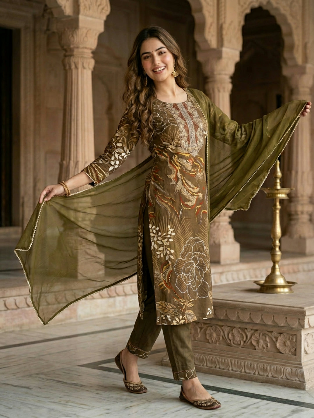 Abstract Floral Printed Embroidered Straight Kurta with Palazzo & Dupatta - Mehndi Green
