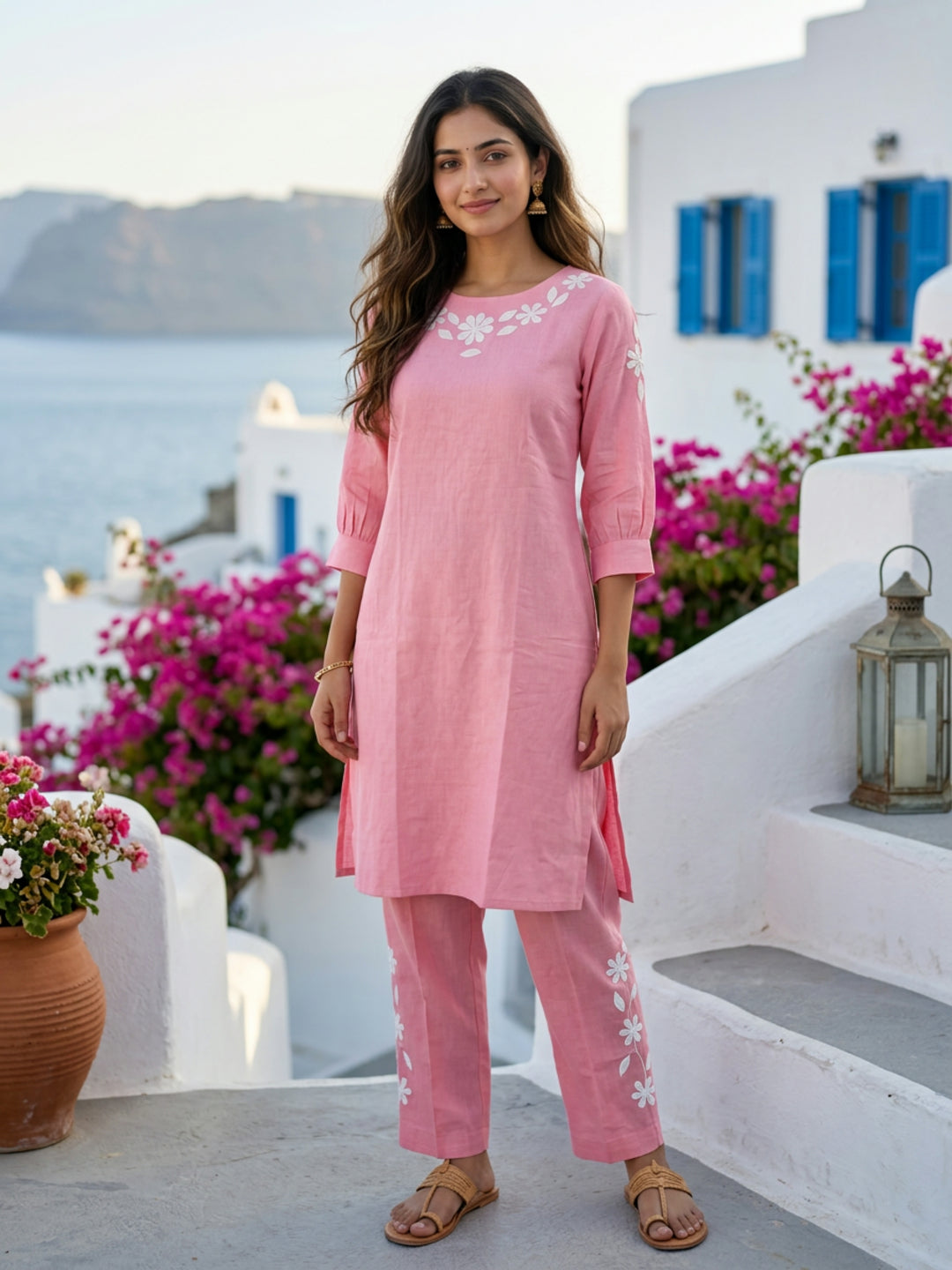 Solid Floral Patchwork Embroidered A-Line Top with Palazzo - Pink