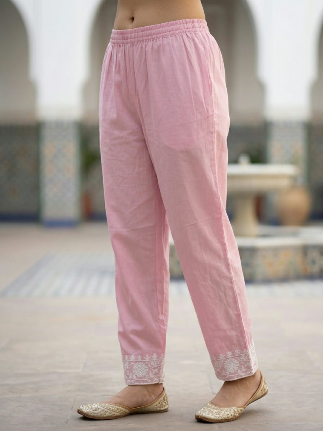Solid Chikankari Embroidered Straight Kurta with Palazzo & Dupatta - Pink