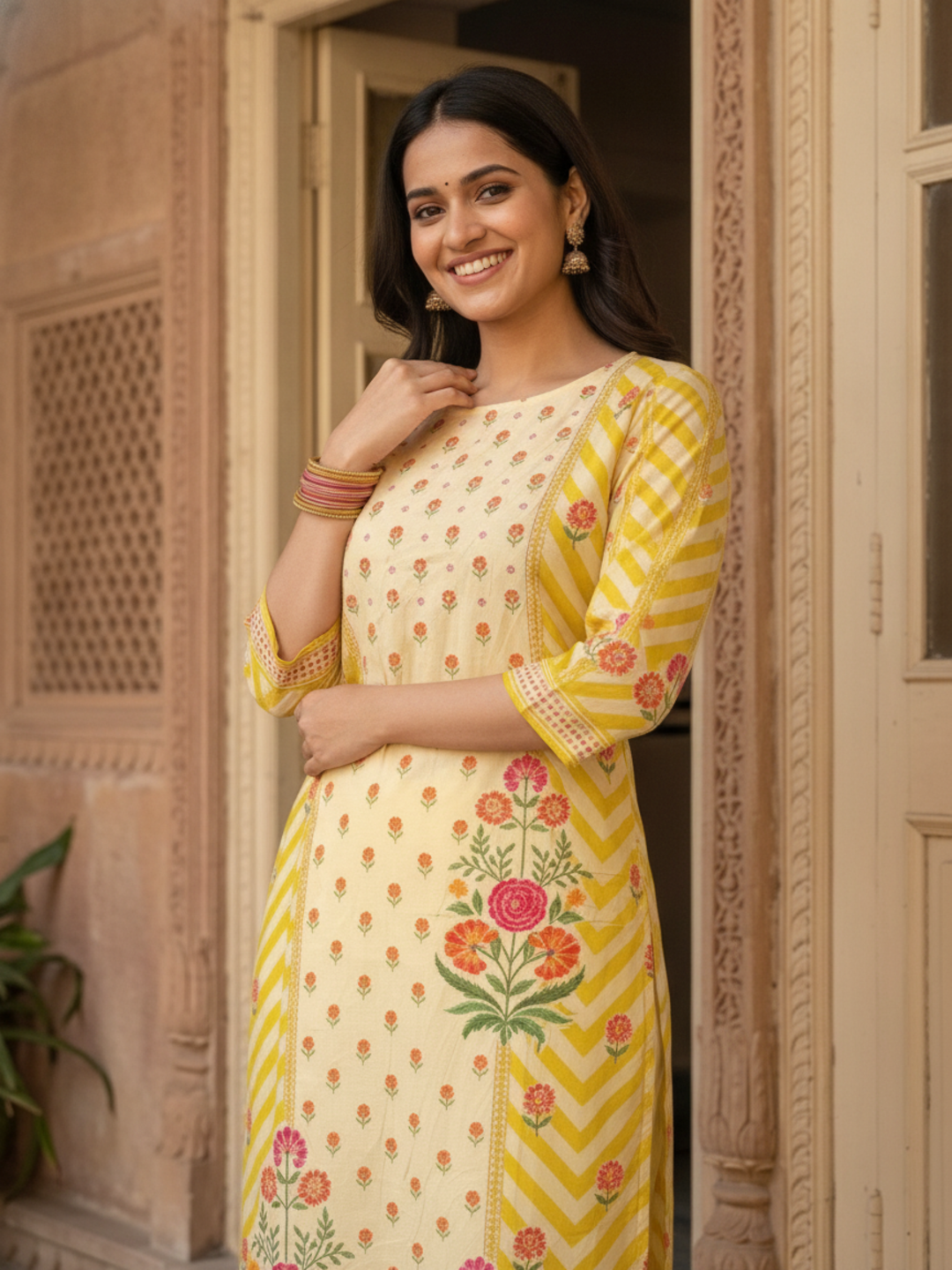 Lemon Yellow Floral Cotton Kurta Set with Embroidery, Pant & Printed Dupatta