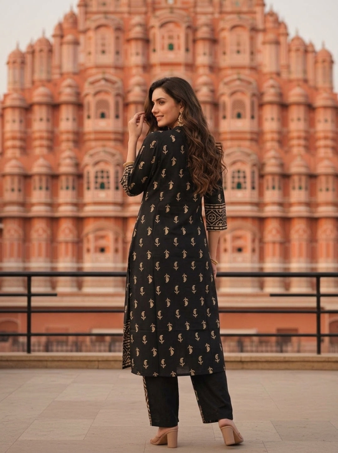 Black Ethnic Printed Mirror Embroidered Cotton Straight Kurta Set with Pant and Dupatta