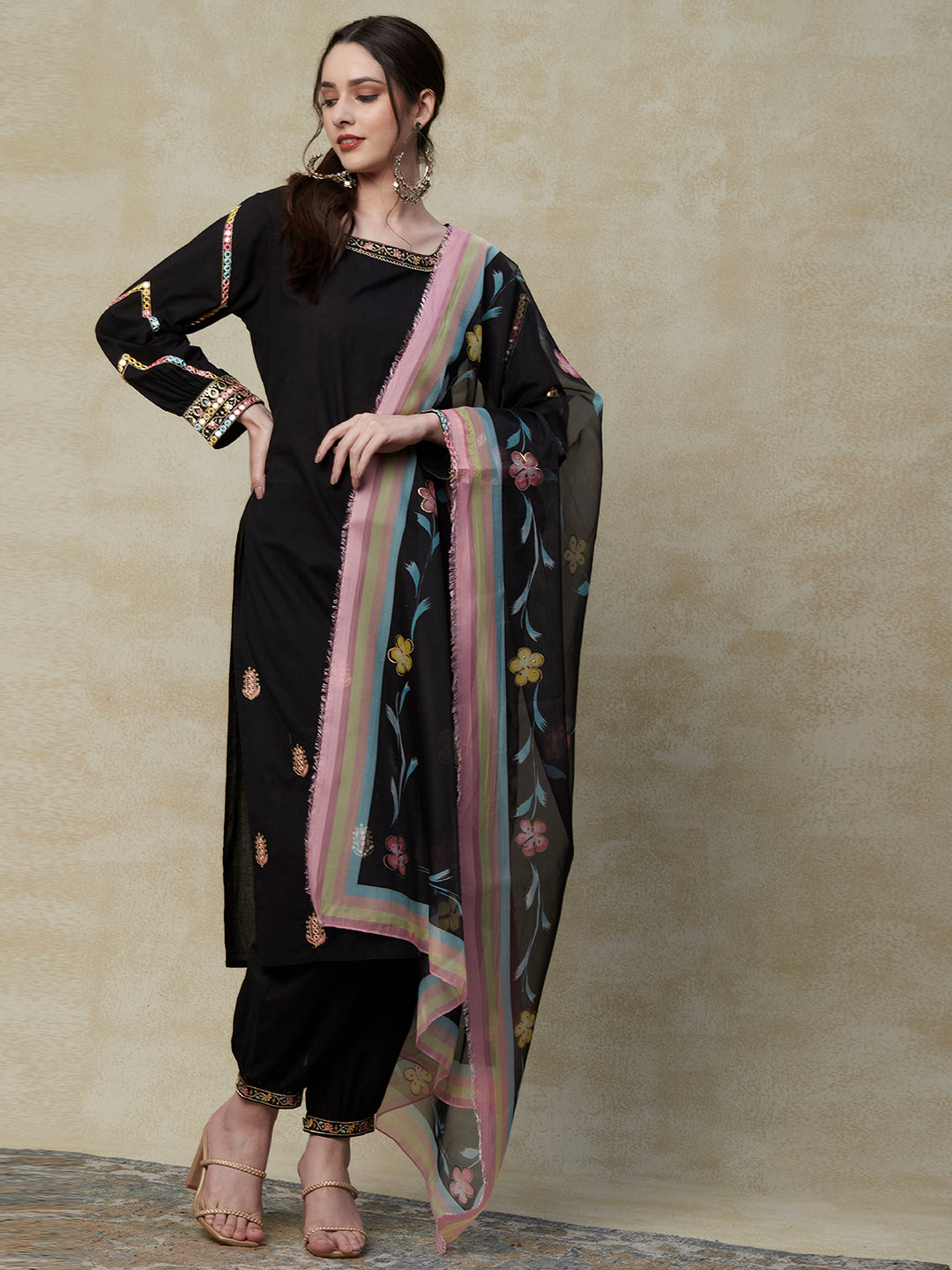 Solid Mirror, Resham & Zari Embroidered Kurta With Salwar Pants & Hand Painted Dupatta - Black