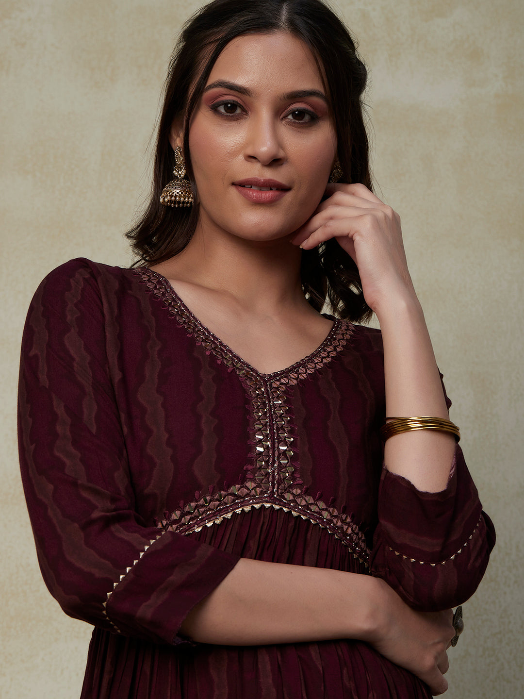 Abstract Printed Mirror & Resham Embroidered Gathered Waist Maxi Dress - Burgundy