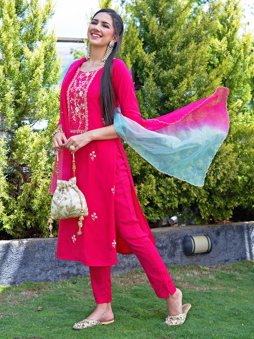 Solid Floral Hand Embroidered Straight Fit Kurta with Pant & Dupatta - –  FASHOR