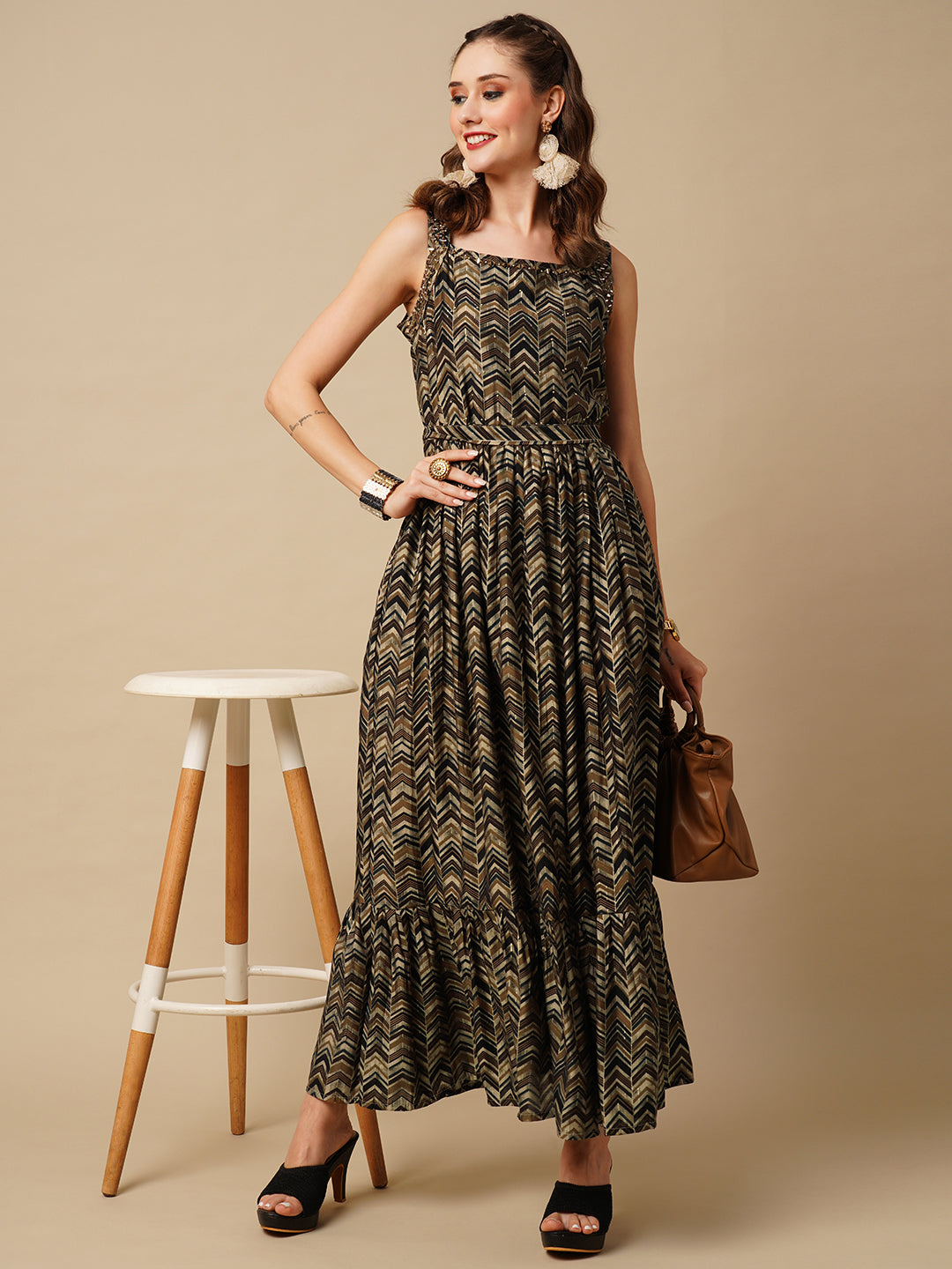 Chevron Foil Printed Mirror & Beads Embroidered Maxi Dress with Tie-up Waist Belt - Brown & Multi