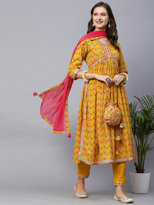 Floral Printed Mirror, Zari & Gota Lace Embroidered High Slit Kurta With Pants & Dupatta - Mustard