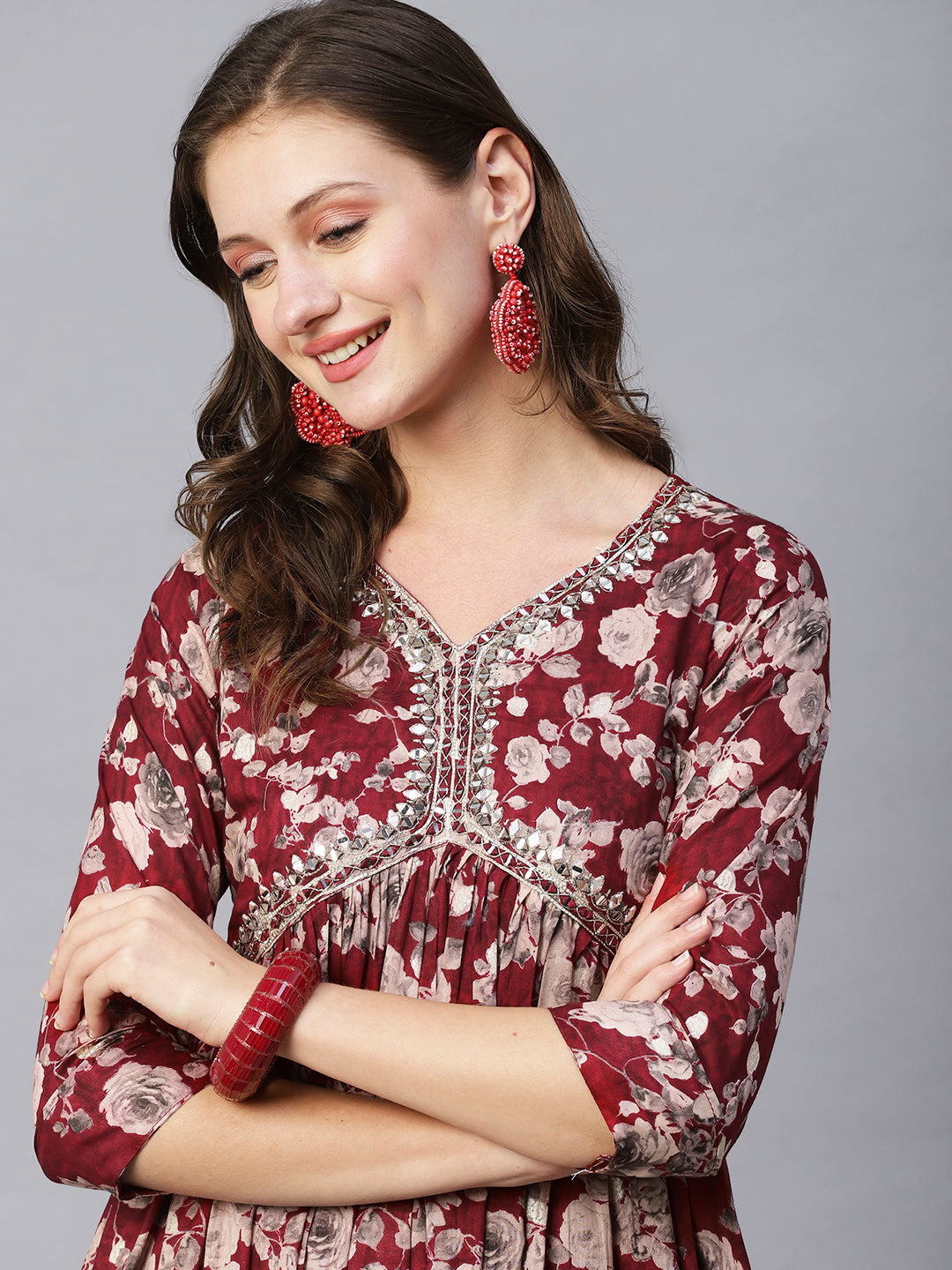 Floral Printed Mirror, Resham & Dabka Embroidered Gathered Maxi Dress - Maroon