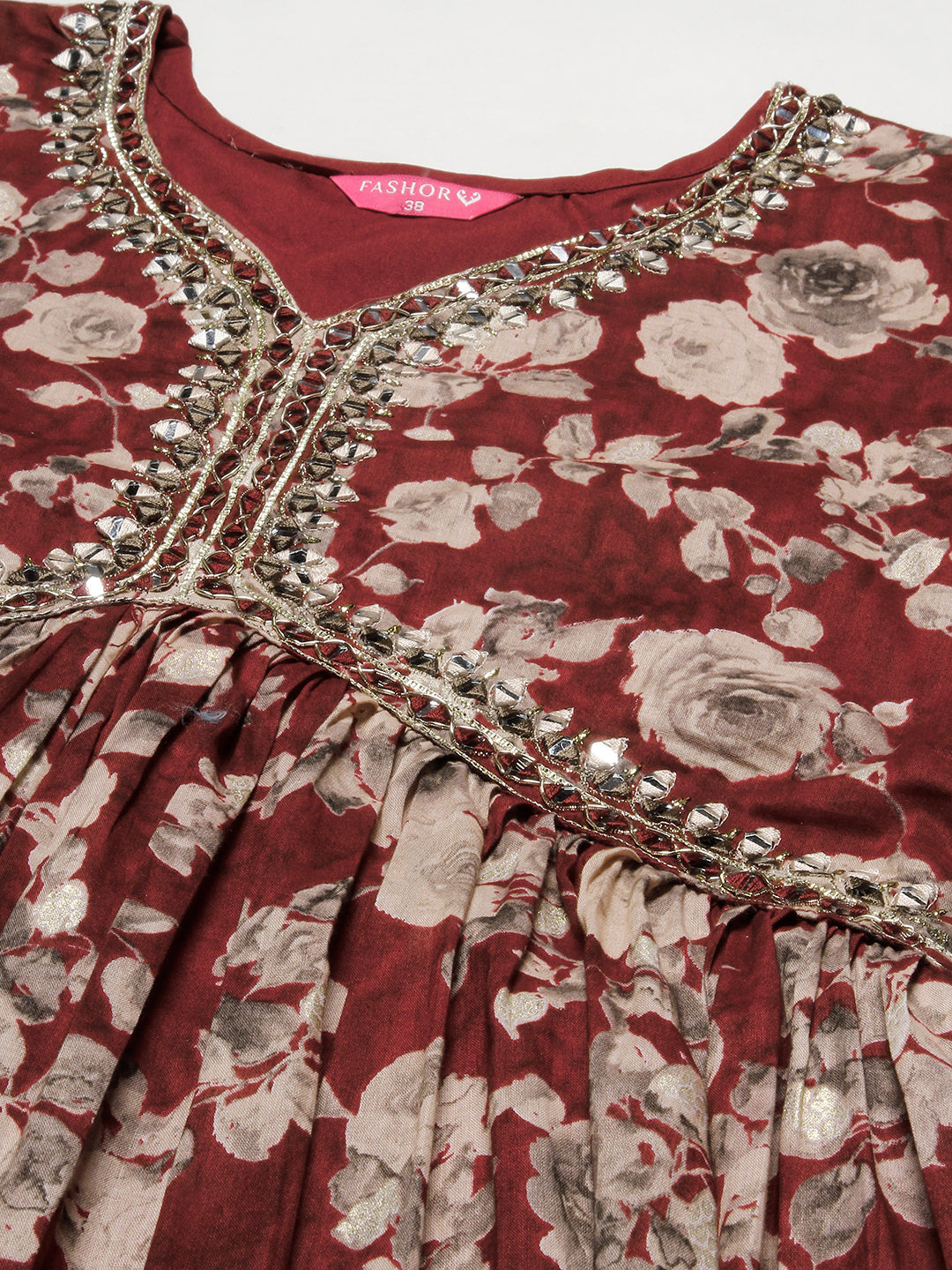 Floral Printed Mirror, Resham & Dabka Embroidered Gathered Maxi Dress - Maroon