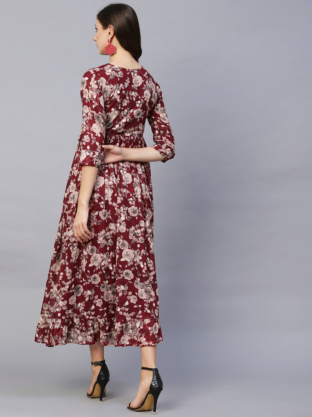 Floral Printed Mirror, Resham & Dabka Embroidered Gathered Maxi Dress - Maroon