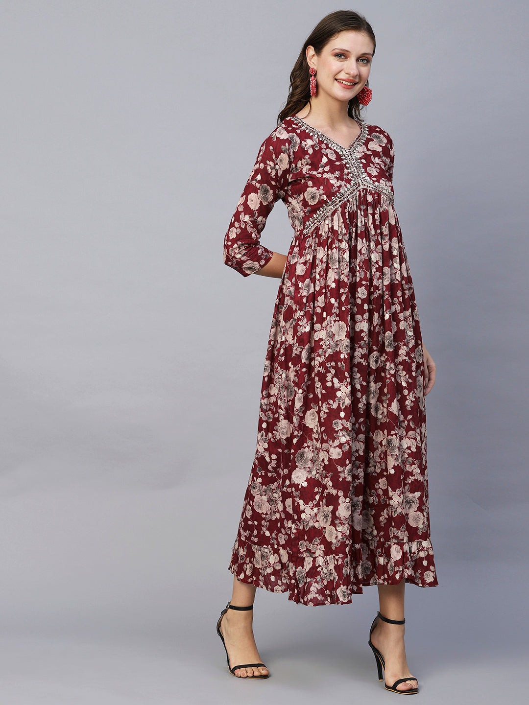 Floral Printed Mirror, Resham & Dabka Embroidered Gathered Maxi Dress - Maroon