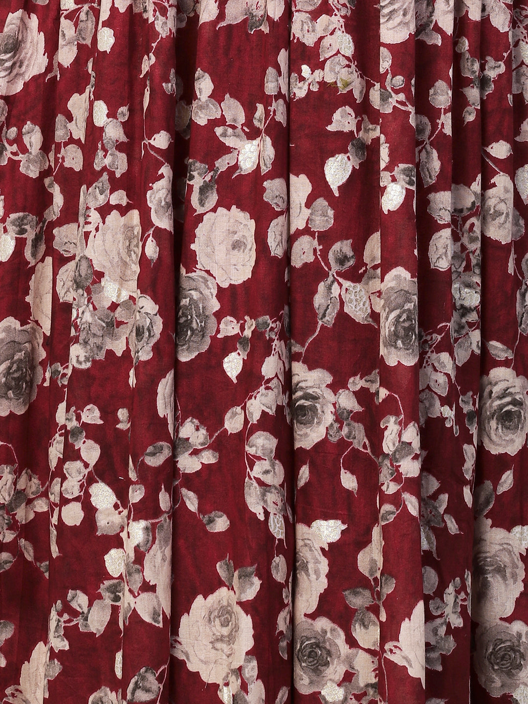 Floral Printed Mirror, Resham & Dabka Embroidered Gathered Maxi Dress - Maroon