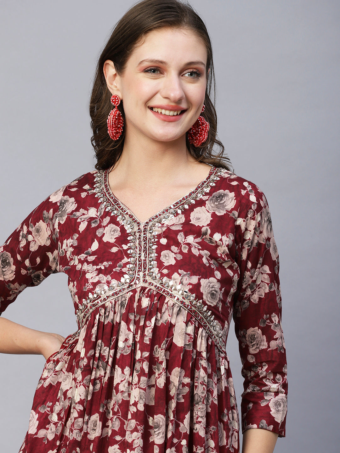 Floral Printed Mirror, Resham & Dabka Embroidered Gathered Maxi Dress - Maroon