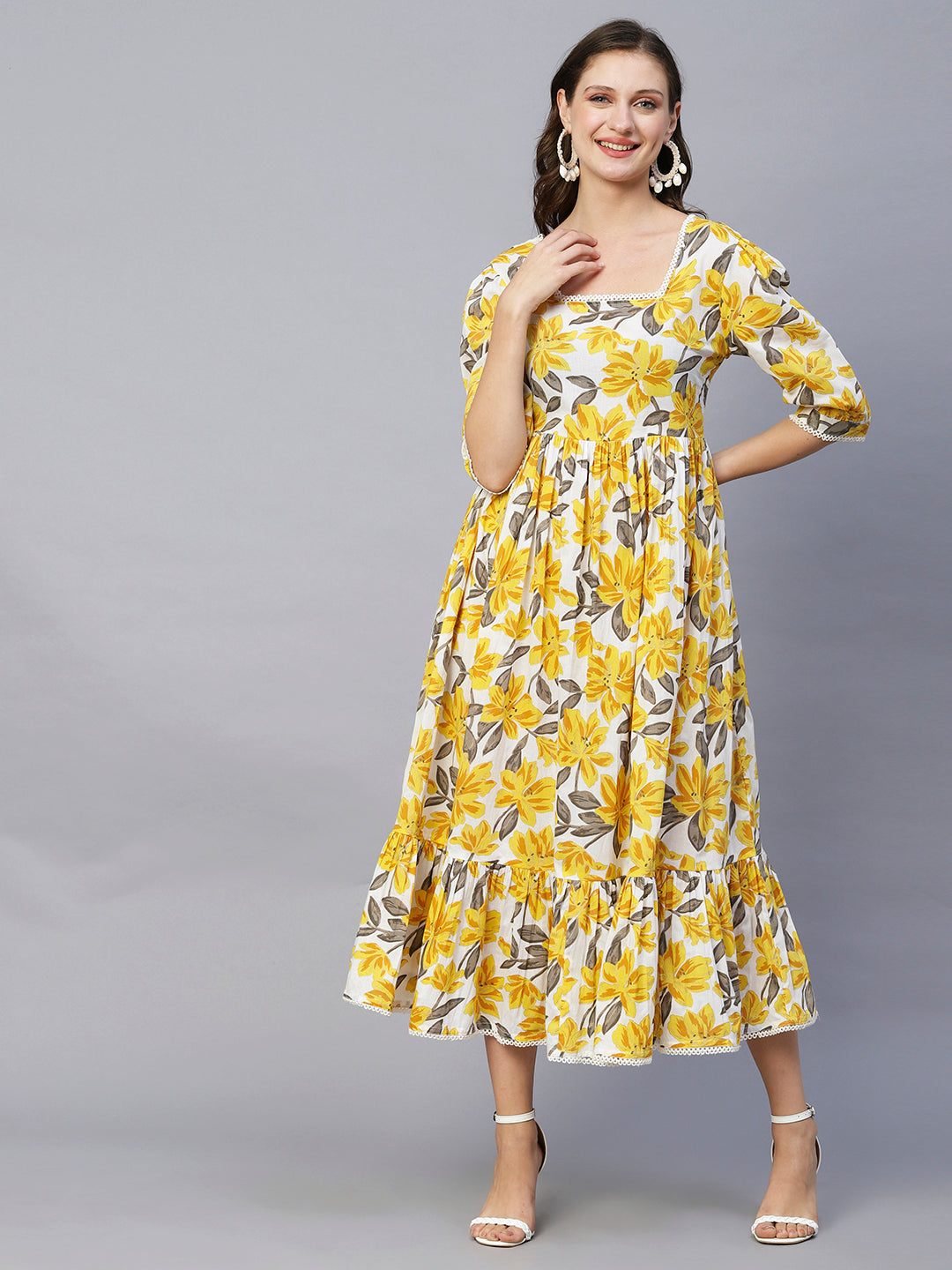 Floral Foil Printed A-Line Maxi Dress - Yellow