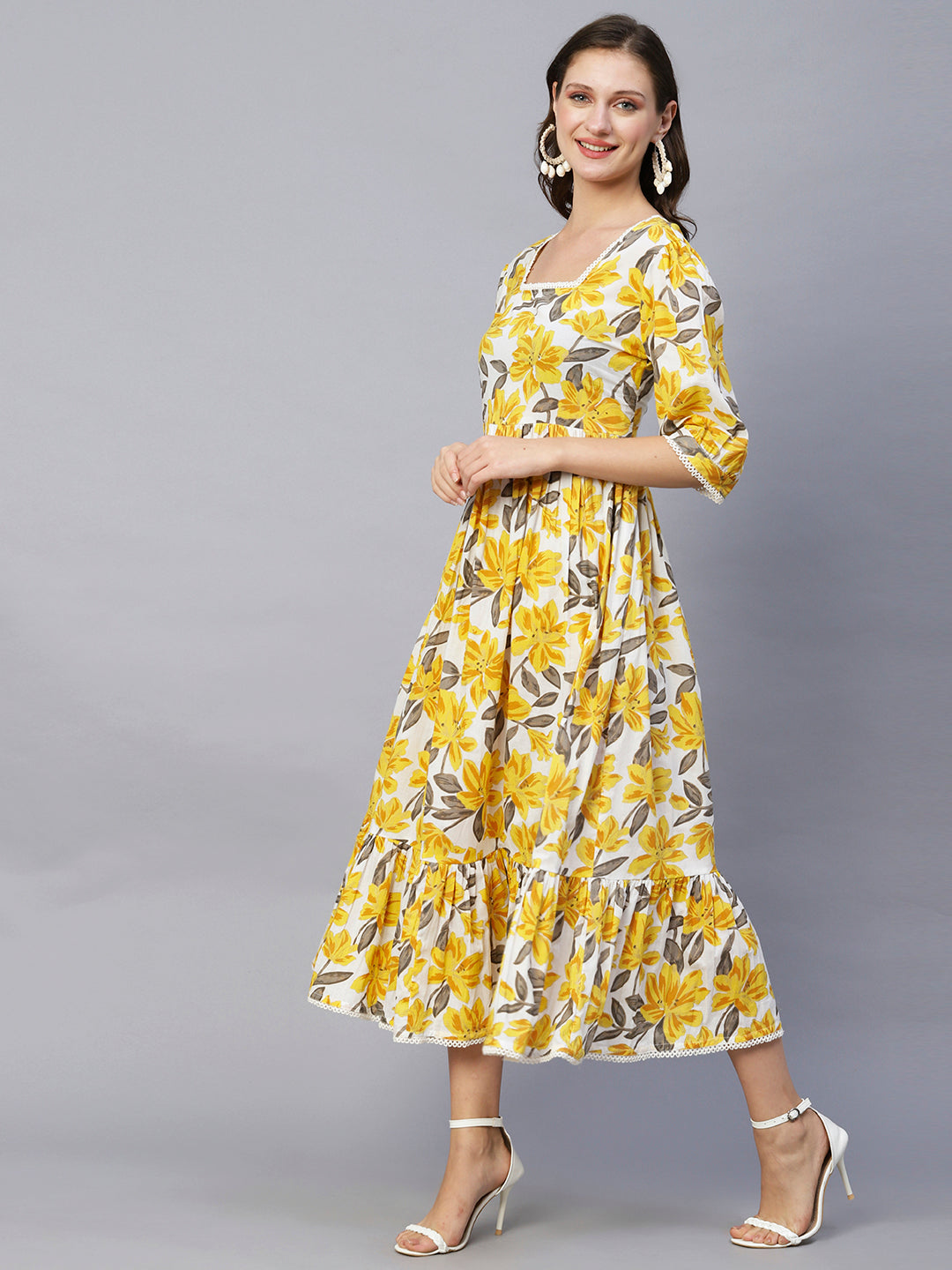 Floral Foil Printed A-Line Maxi Dress - Yellow
