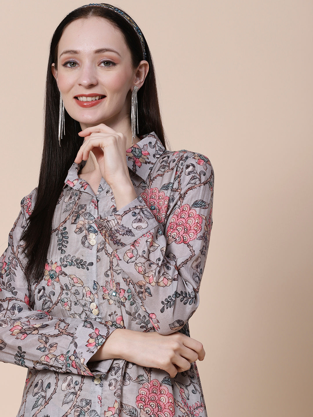 Floral Printed Mirror & Zari Embroidered Asymmetric Hem A-line Kurta With Pants - Grey