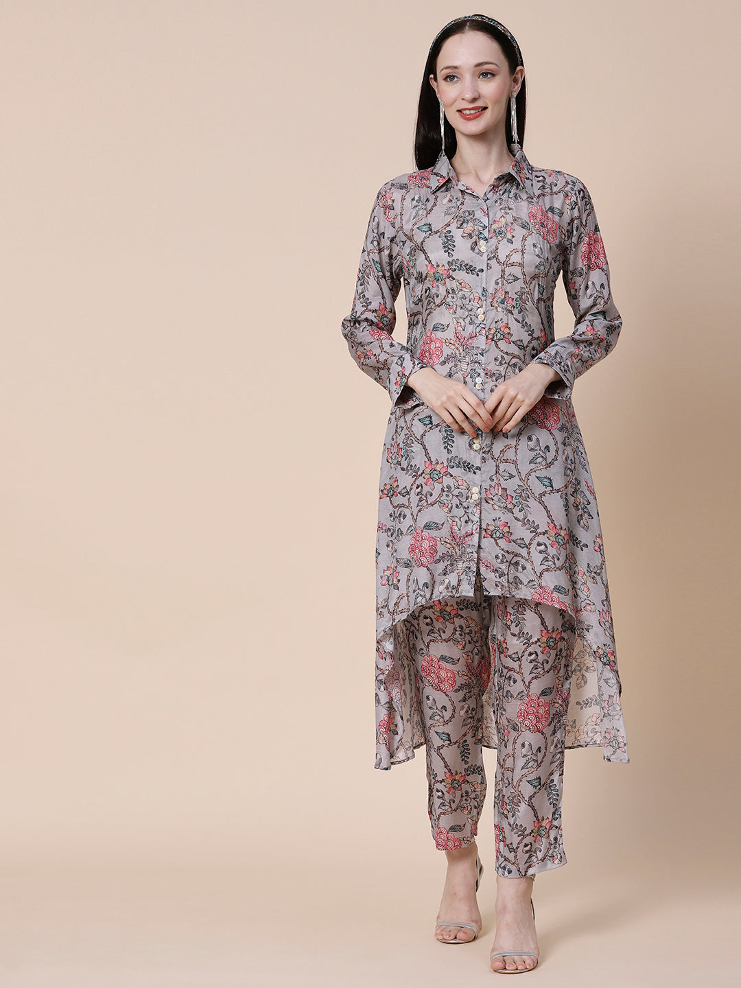 Floral Printed Mirror & Zari Embroidered Asymmetric Hem A-line Kurta With Pants - Grey