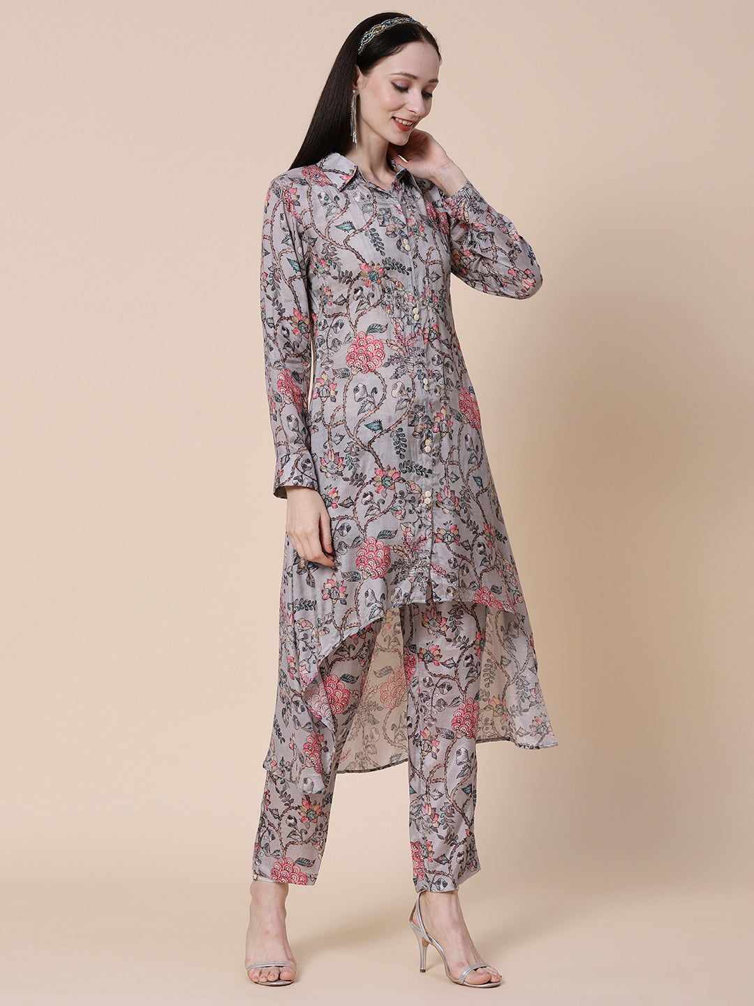 Floral Printed Mirror & Zari Embroidered Asymmetric Hem A-line Kurta With Pants - Grey