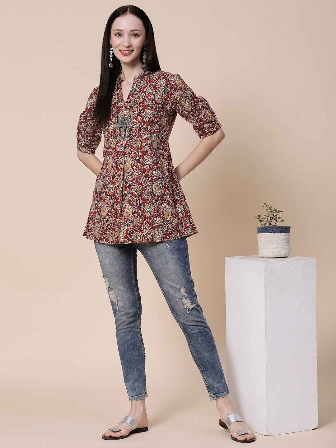 Ethnic Printed A-Line Short Kurti Maroon โ FASHOR