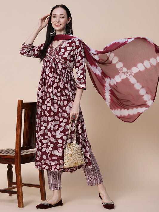 Floral Printed Mirror & Zari Embroidered High Slit Kurta With Pants & Shibori Dupatta - Burgundy