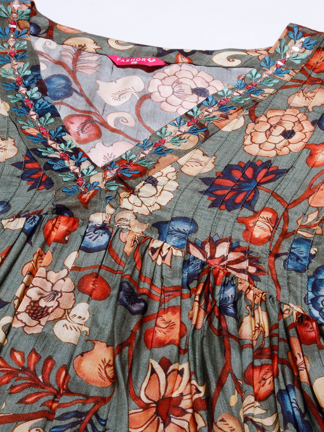 Floral Printed Mirror & Resham Embroidered Pleated Flared Maxi Dress - Multi