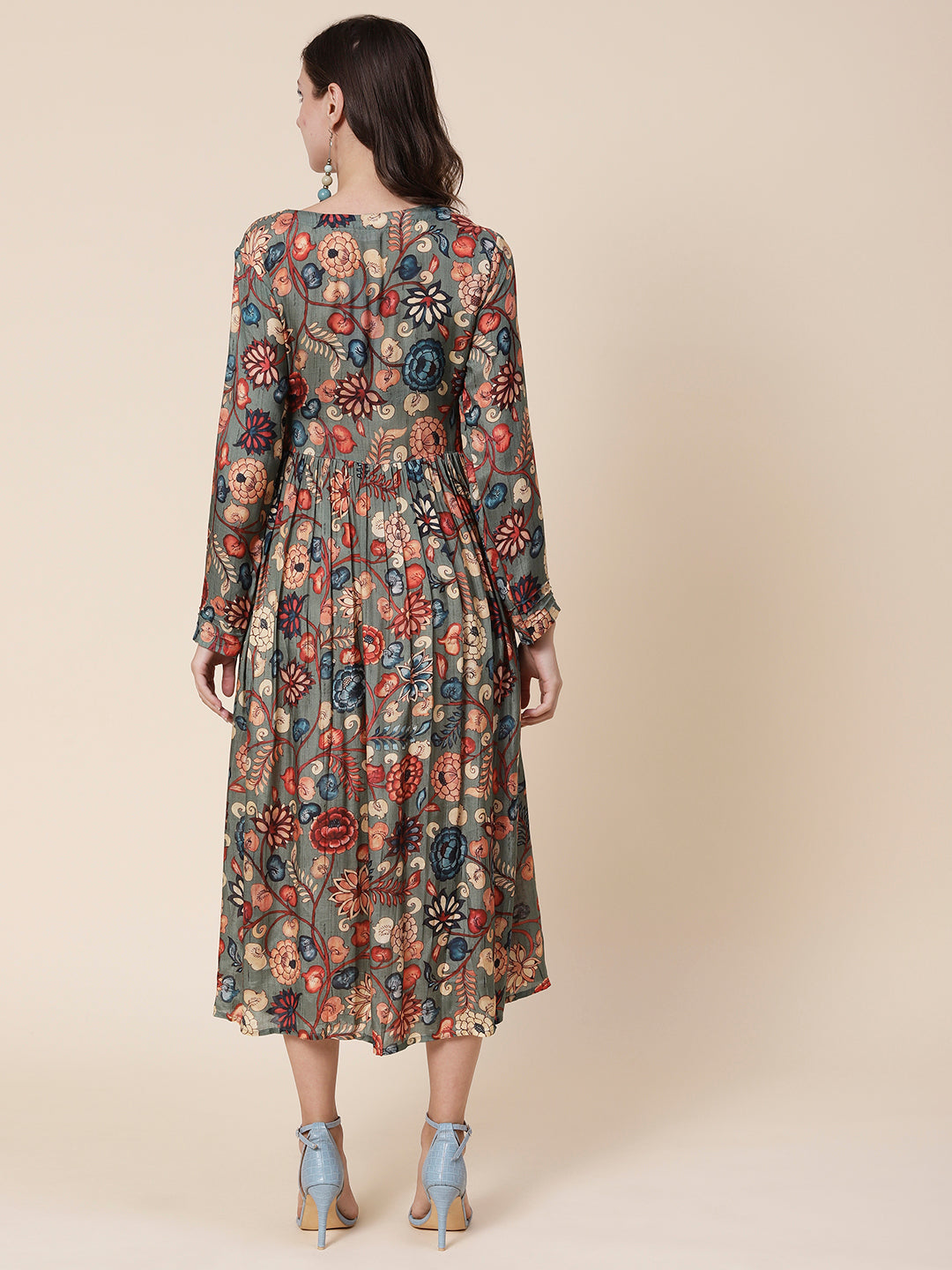 Floral Printed Mirror & Resham Embroidered Pleated Flared Maxi Dress - Multi