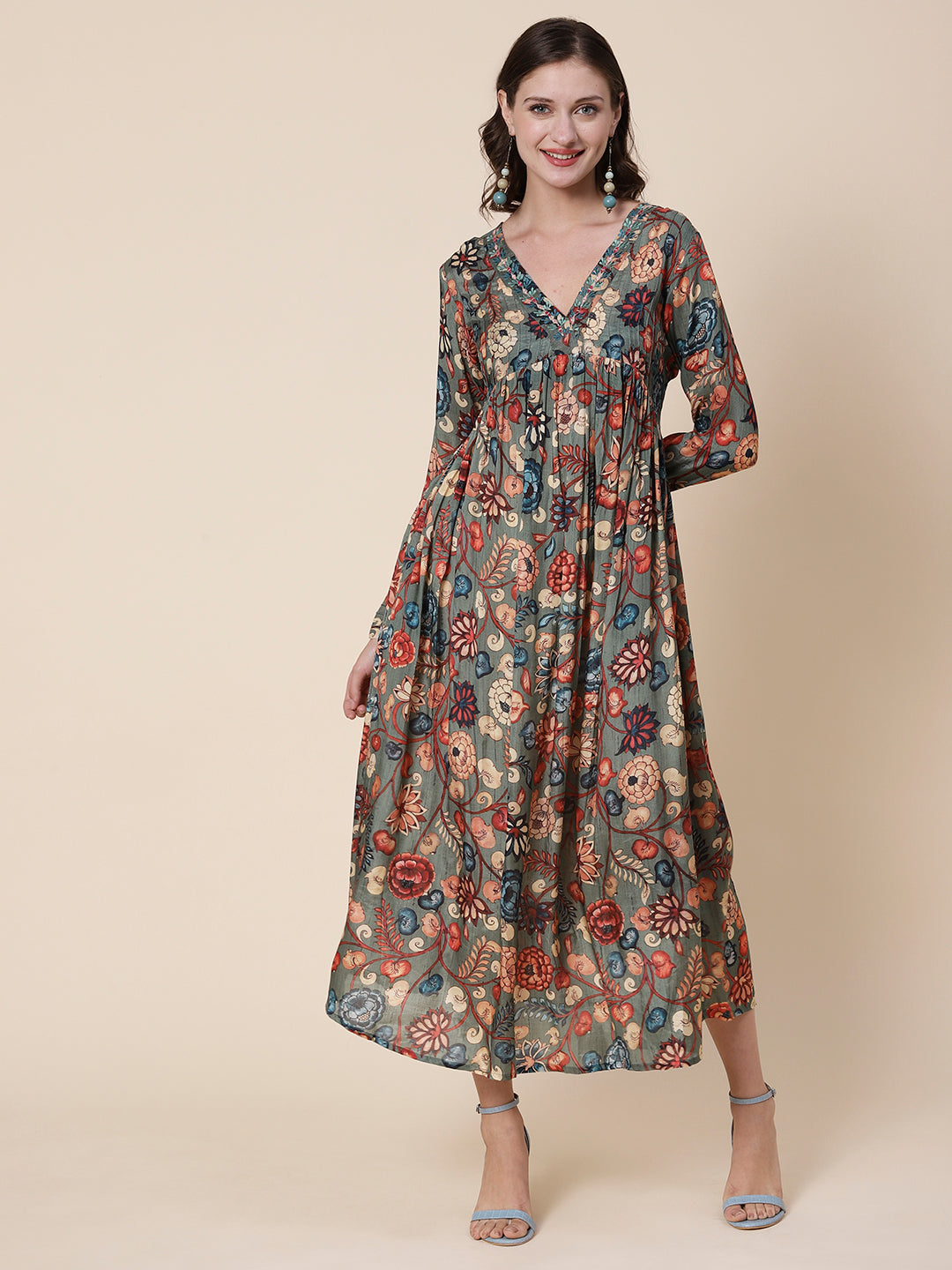 Floral Printed Mirror & Resham Embroidered Pleated Flared Maxi Dress - Multi