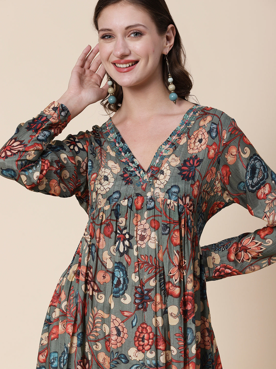 Floral Printed Mirror & Resham Embroidered Pleated Flared Maxi Dress - Multi