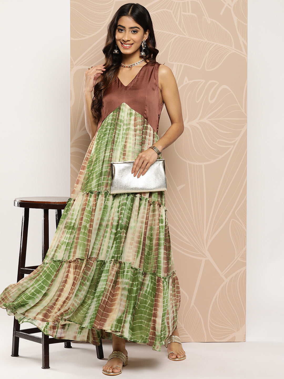 Shibori Dyed Tiered Fit & Flare Maxi Dress - Multi