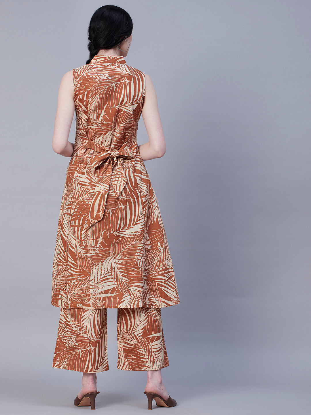 Abstract Printed Wooden Buttoned A-line Paneled Kurta With Pants Set - Brown