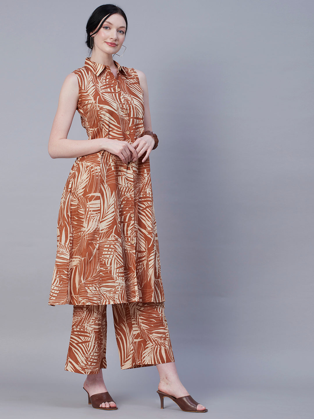 Abstract Printed Wooden Buttoned A-line Paneled Kurta With Pants Set - Brown