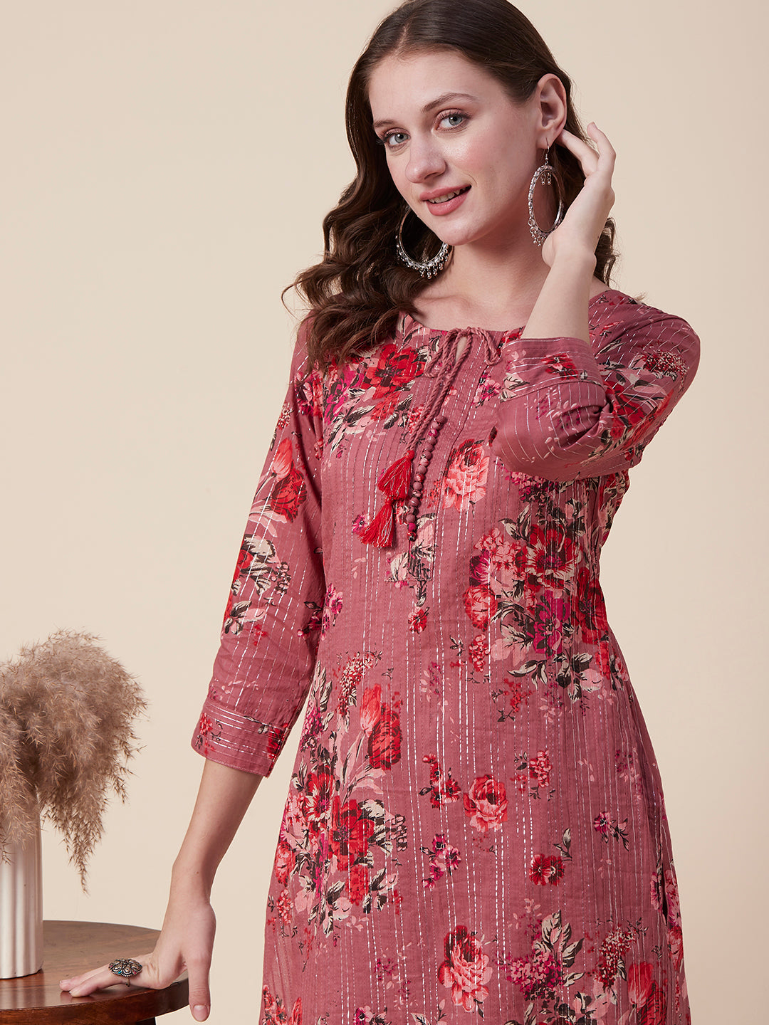 Floral Printed Woven Lurex Striped Pin-Tucks Kurta - Rose