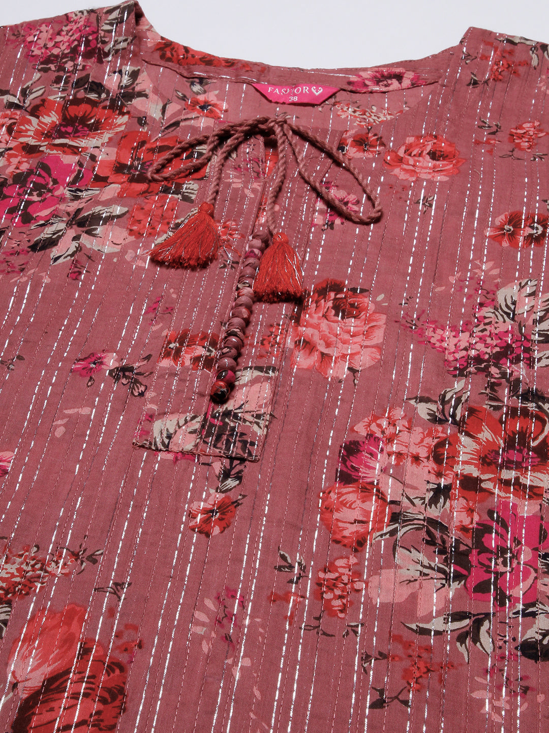 Floral Printed Woven Lurex Striped Pin-Tucks Kurta - Rose