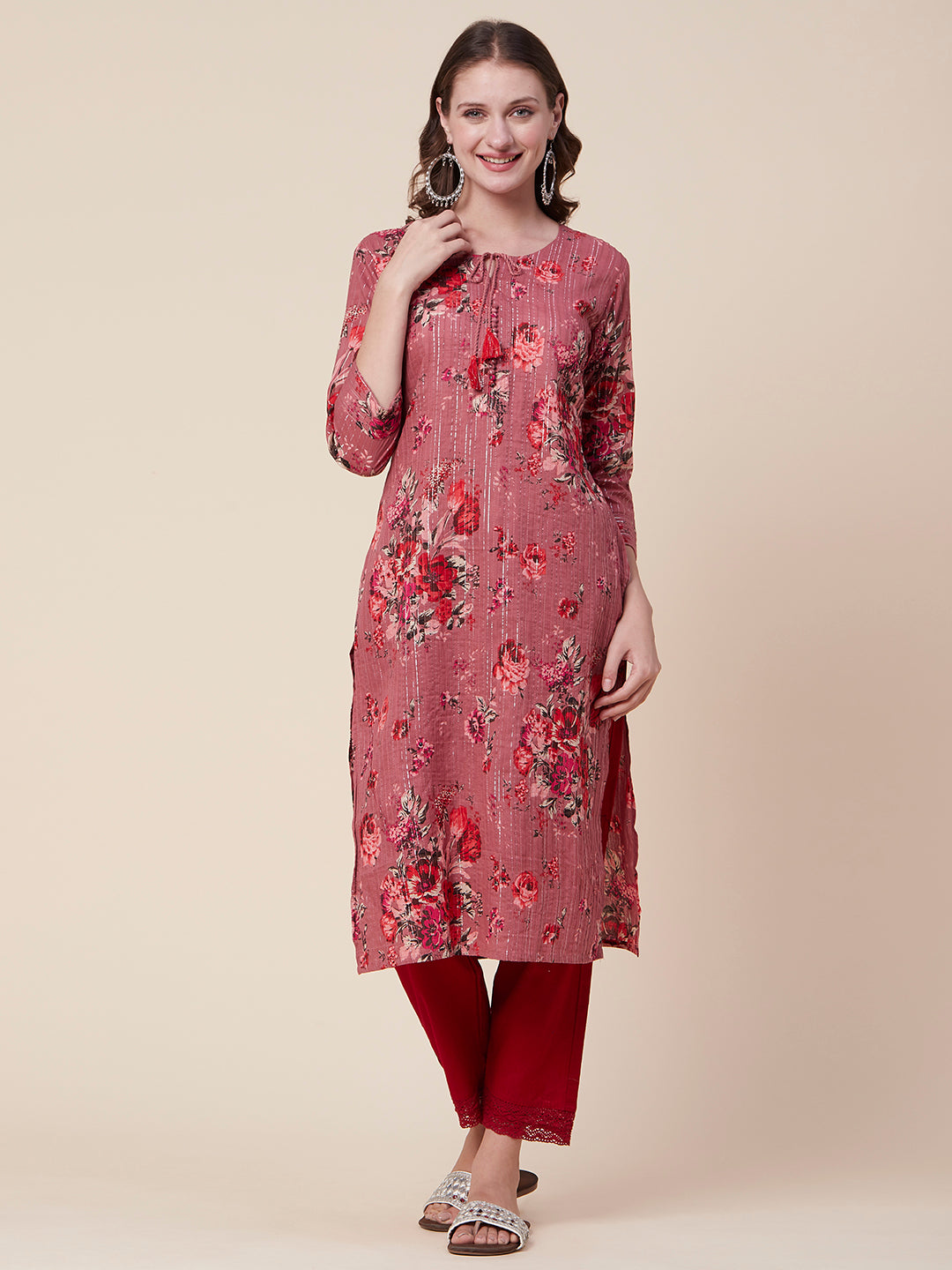 Floral Printed Woven Lurex Striped Pin-Tucks Kurta - Rose