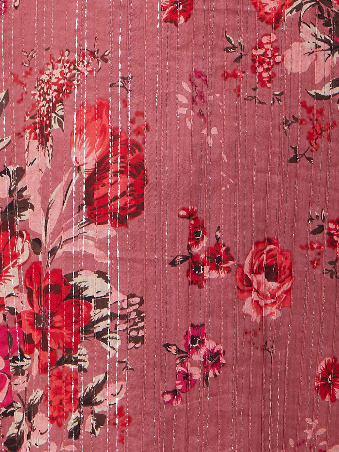 Floral Printed Woven Lurex Striped Pin-Tucks Kurta - Rose