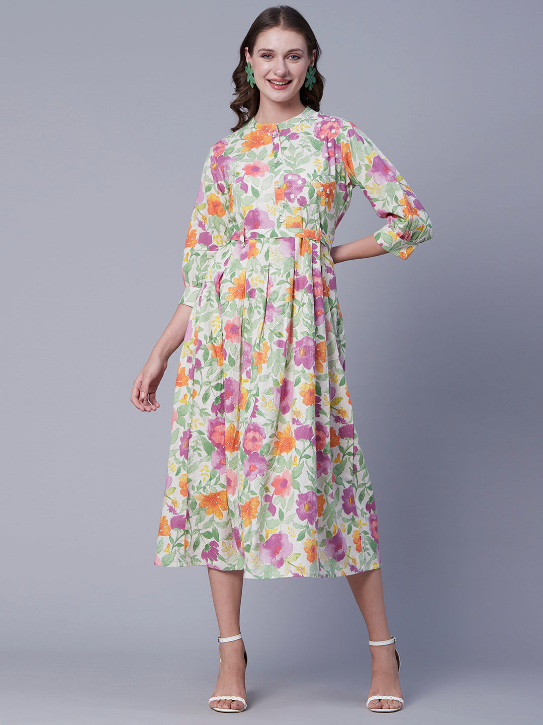 Floral Printed Mother-Of-Pearl Tikki Embellished Pleated Midi 