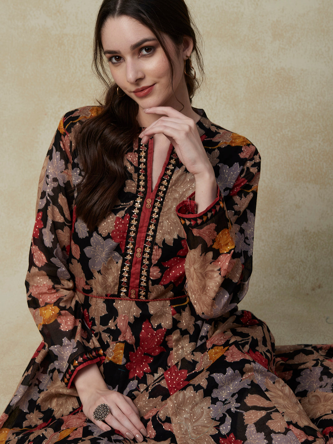 Floral Printed Resham & Cutdana Embroidered Paneled Mul-Cotton Dress with Dori Tie-up Fringed Waist Belt - Black