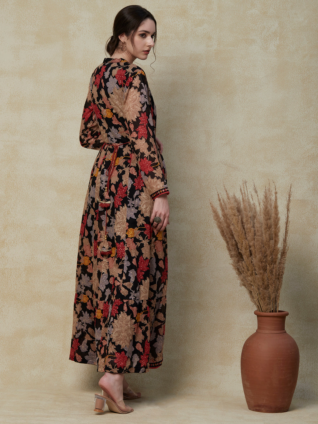 Floral Printed Resham & Cutdana Embroidered Paneled Mul-Cotton Dress with Dori Tie-up Fringed Waist Belt - Black