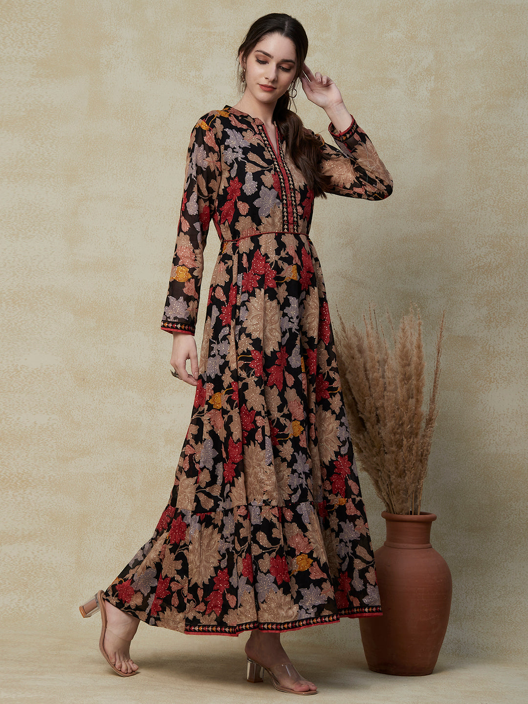 Floral Printed Resham & Cutdana Embroidered Paneled Mul-Cotton Dress with Dori Tie-up Fringed Waist Belt - Black
