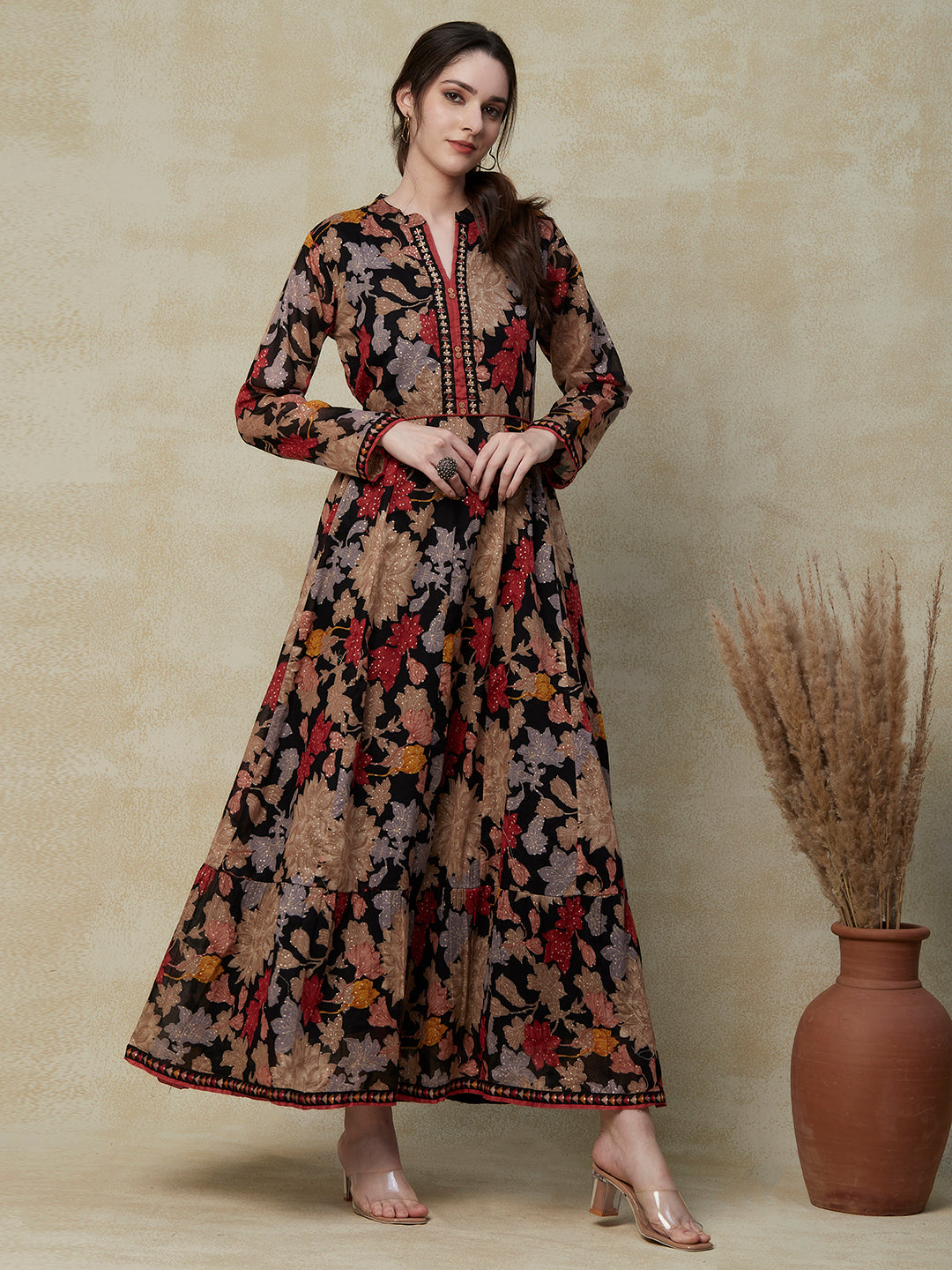 Floral Printed Resham & Cutdana Embroidered Paneled Mul-Cotton Dress with Dori Tie-up Fringed Waist Belt - Black