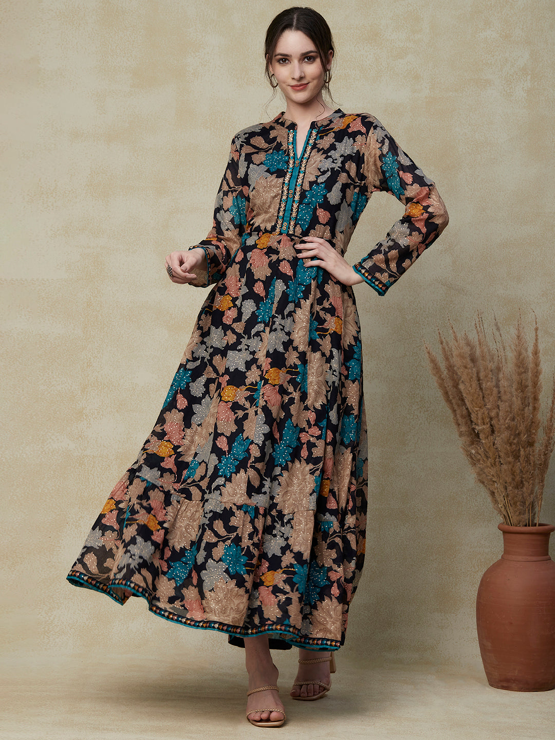 Floral Printed Resham & Cutdana Embroidered Paneled Mul-Cotton Dress with Dori Tie-up Fringed Waist Belt - Navy Blue