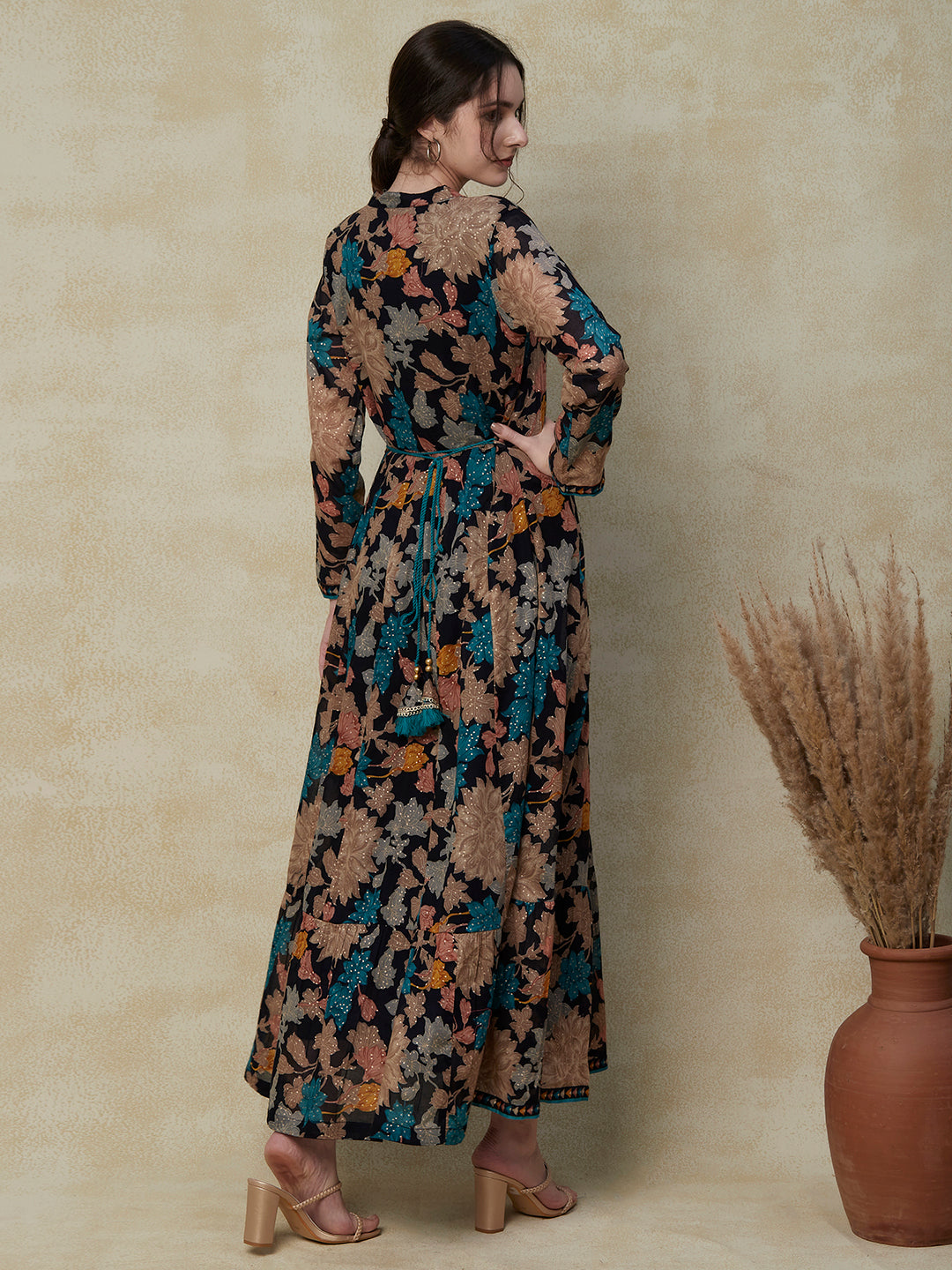 Floral Printed Resham & Cutdana Embroidered Paneled Mul-Cotton Dress with Dori Tie-up Fringed Waist Belt - Navy Blue