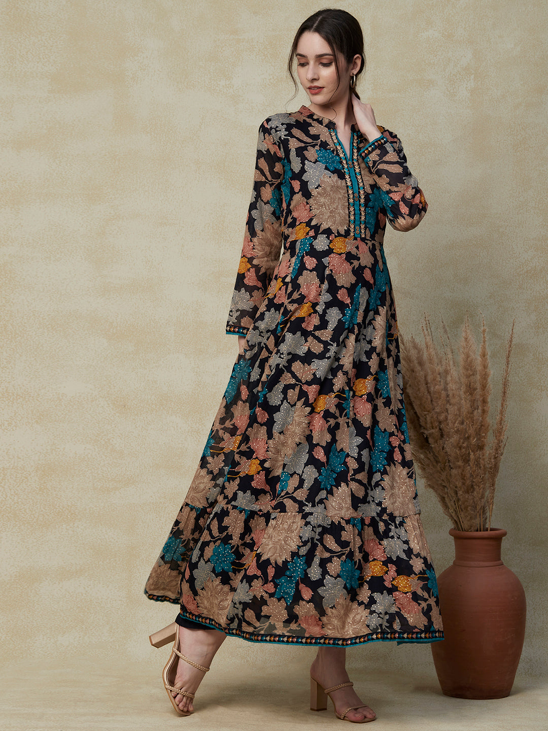 Floral Printed Resham & Cutdana Embroidered Paneled Mul-Cotton Dress with Dori Tie-up Fringed Waist Belt - Navy Blue