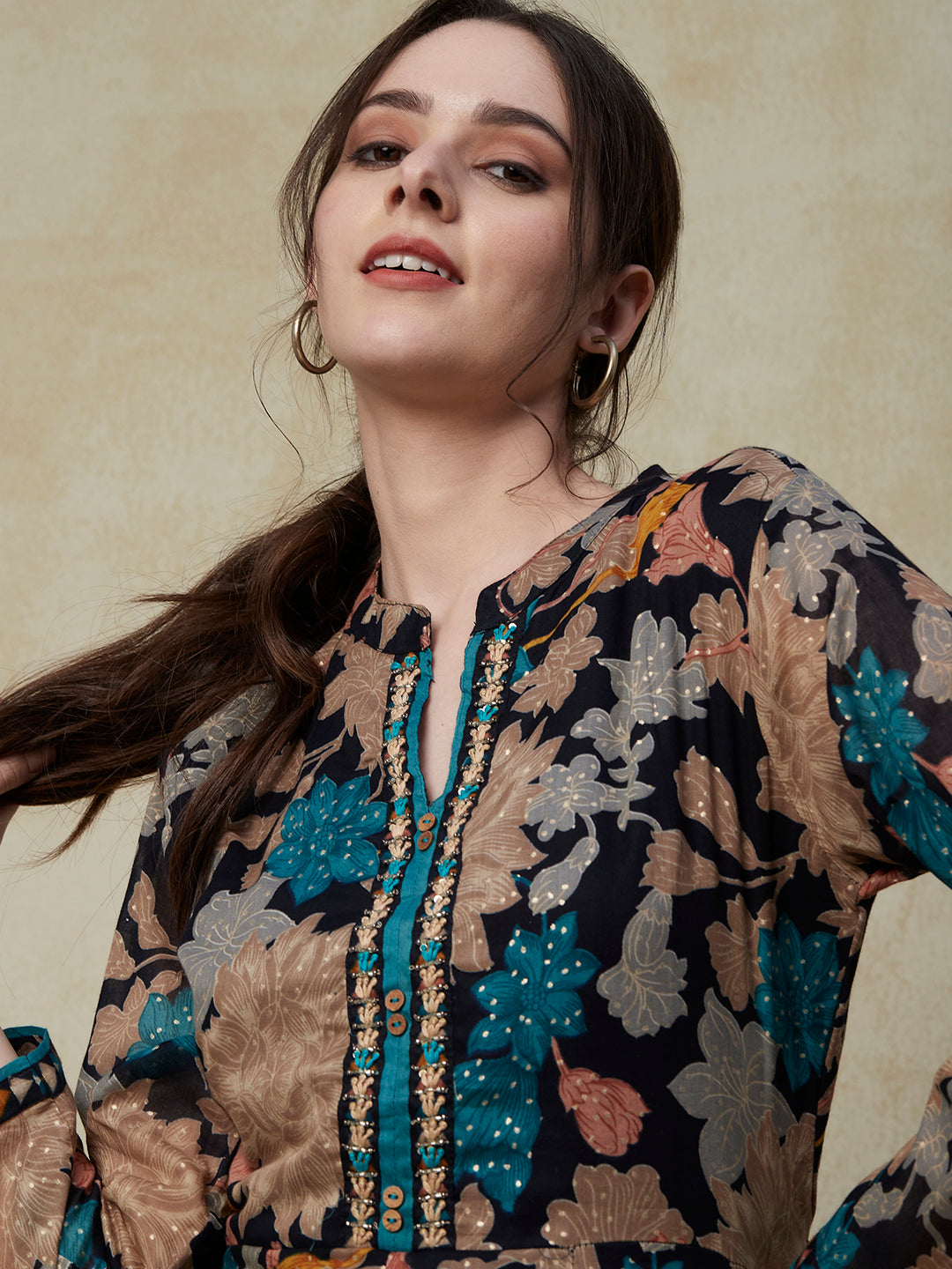 Floral Printed Resham & Cutdana Embroidered Paneled Mul-Cotton Dress with Dori Tie-up Fringed Waist Belt - Navy Blue