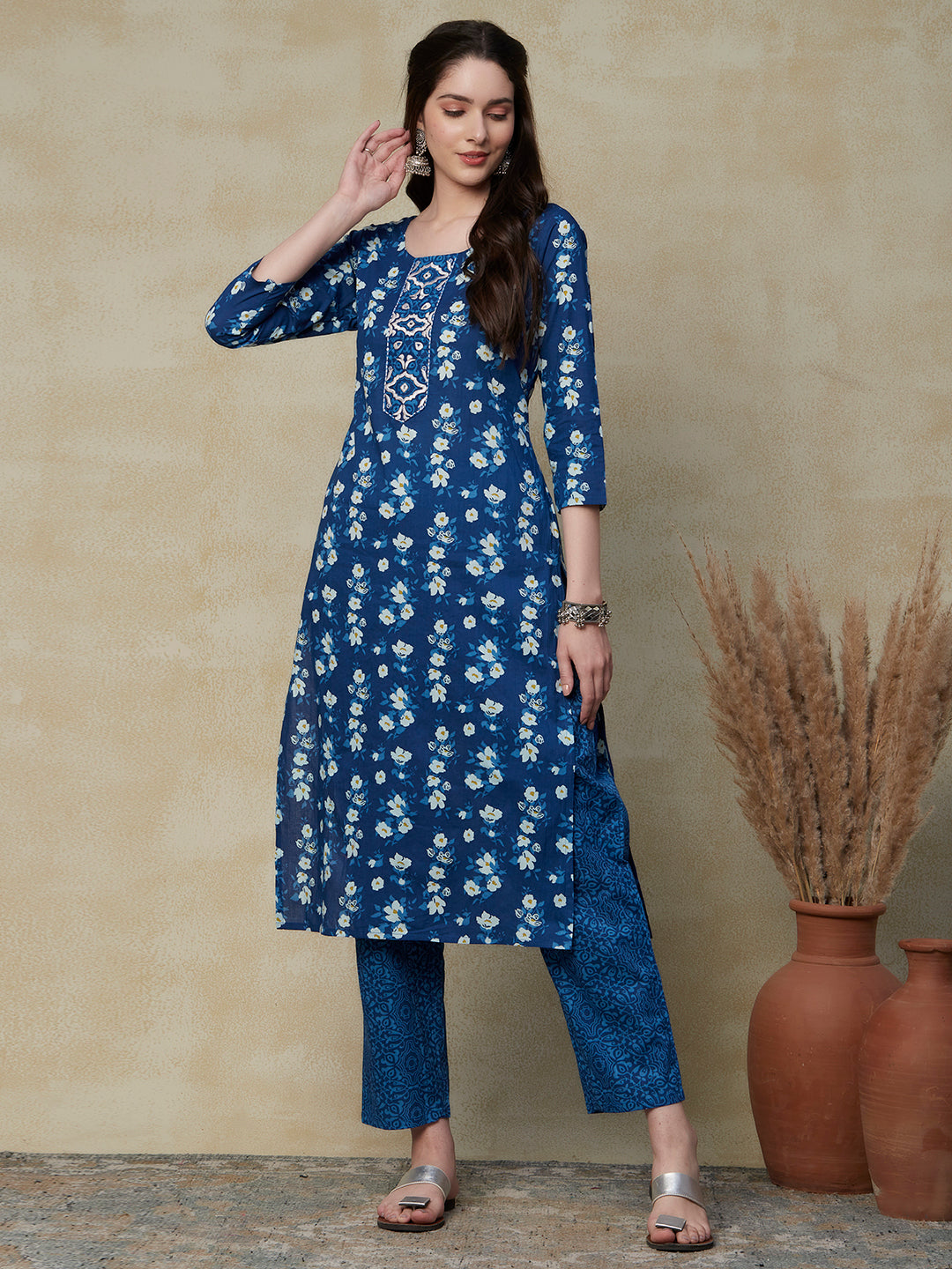 Floral Printed & Embroidered Straight Fit Kurta with Pant - Blue