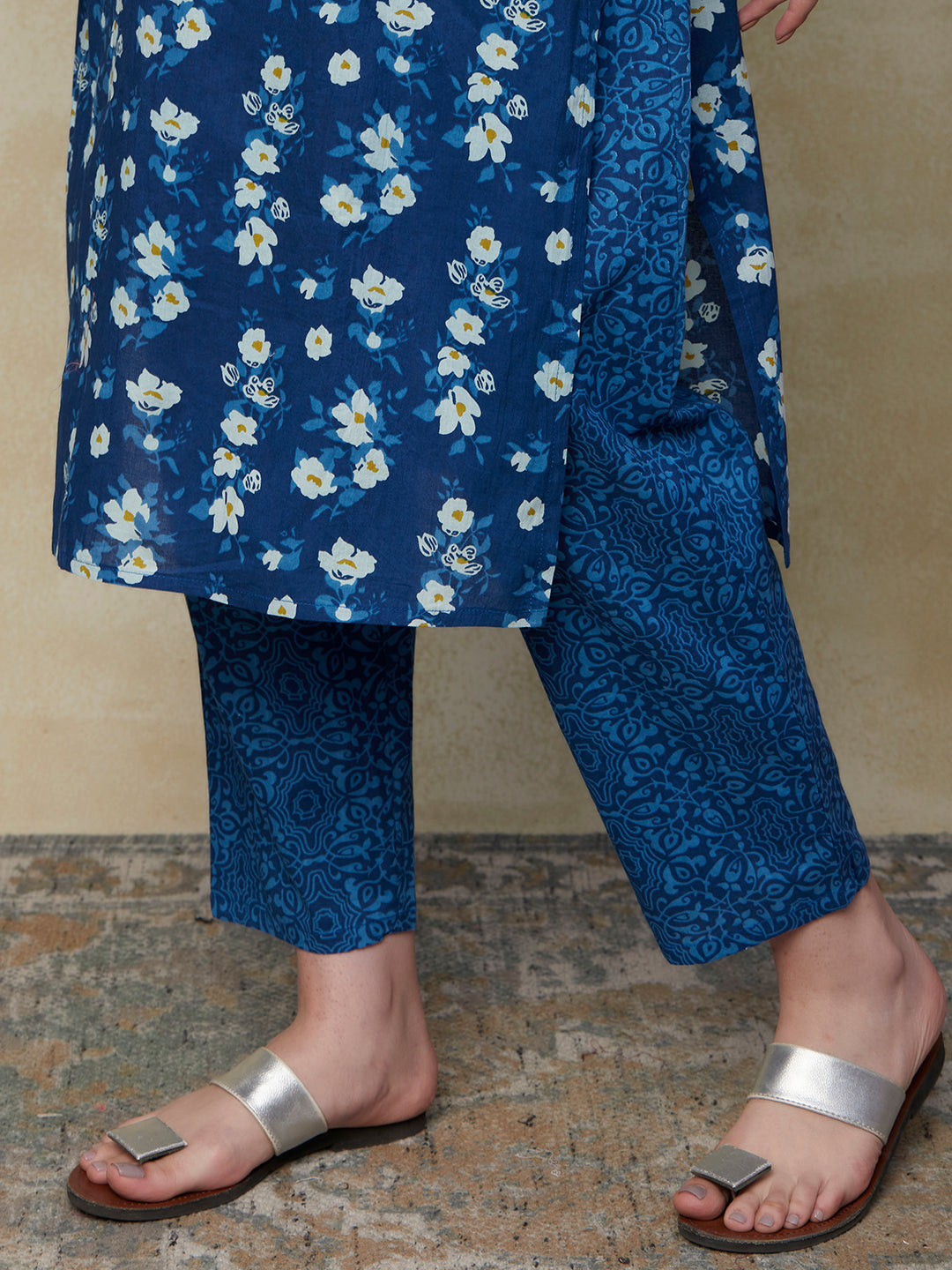 Floral Printed & Embroidered Straight Fit Kurta with Pant - Blue