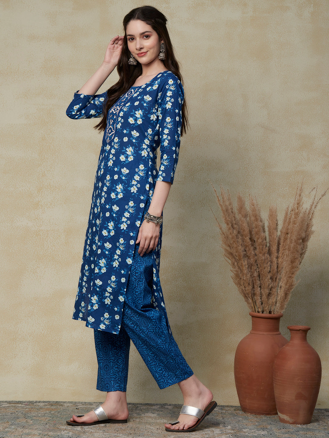 Floral Printed & Embroidered Straight Fit Kurta with Pant - Blue