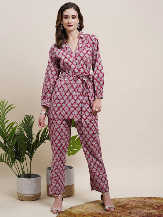 Ethnic Printed Overlap Shirt with Matching Tie-up Waist Belt & Pants - Maroon