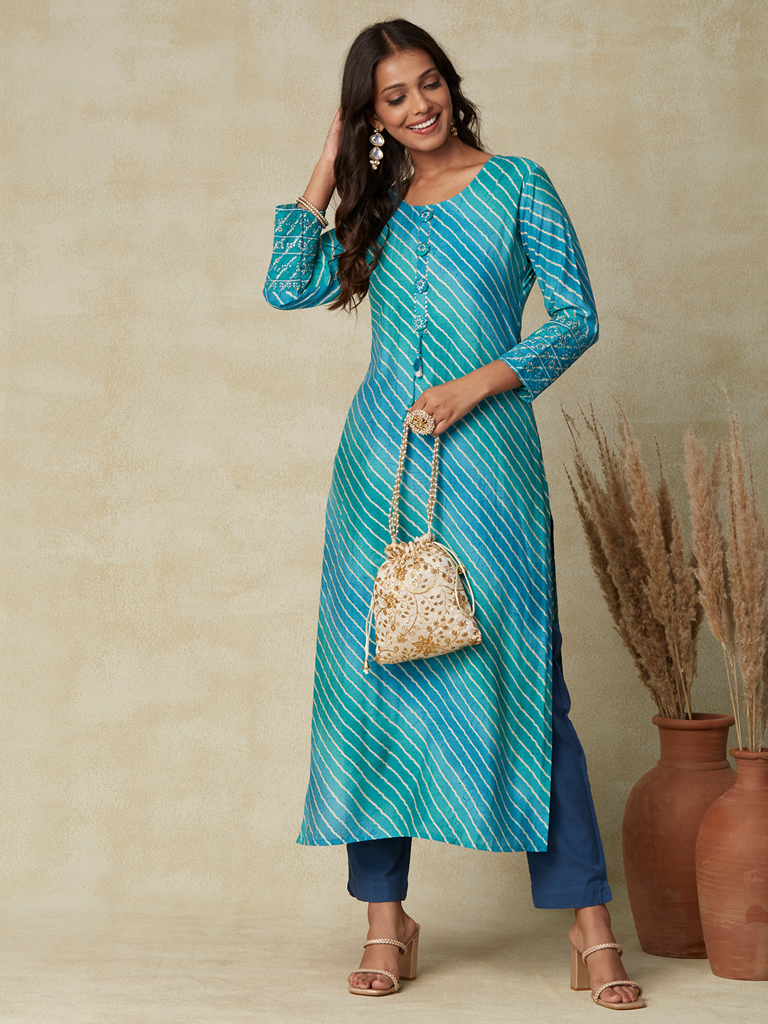 Lehriya Printed Mirror, Zari & Resham Embroidered Kurta - Blue